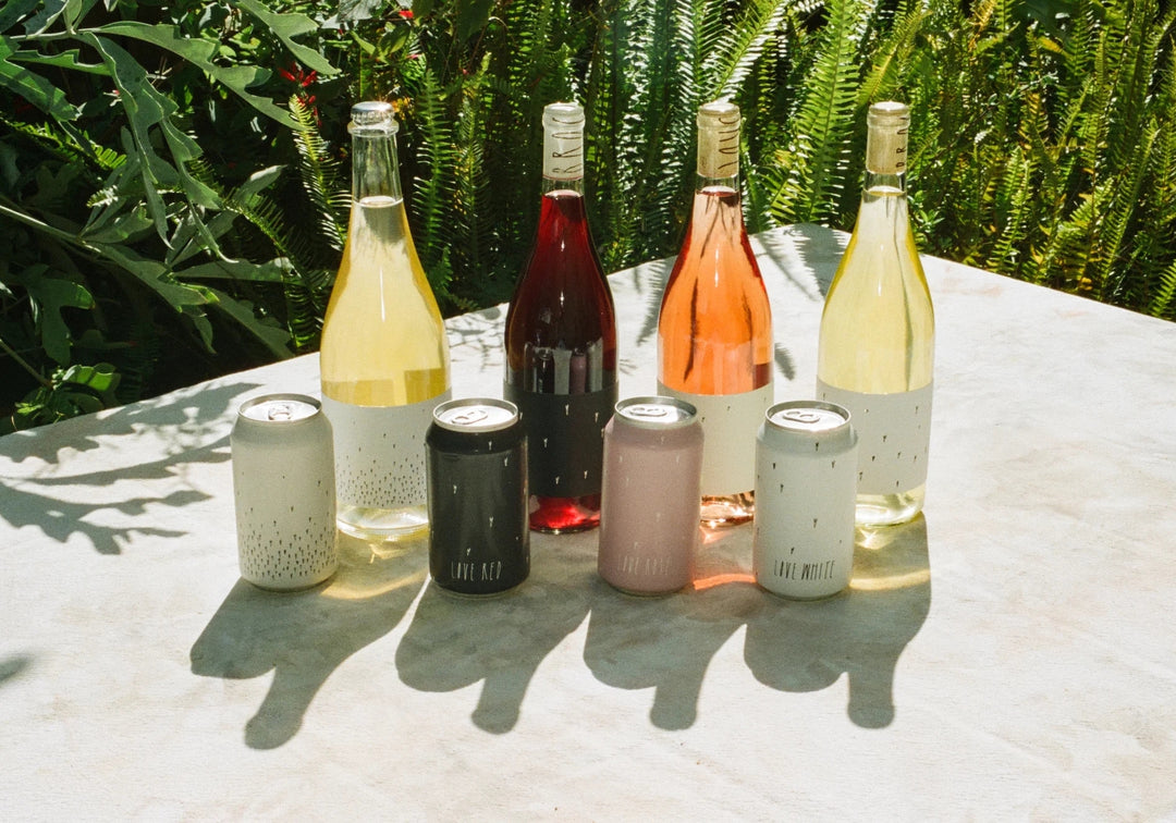 Six bottles and four cans with minimalist labels are arranged on a stone surface outdoors, with sunlight casting shadows and green plants visible in the background.