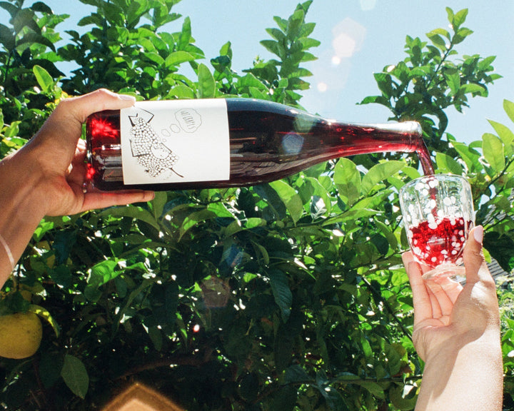 Beneath sunlight, a person pours Broc Cellars’ 2023 Got Grapes Red into a glass filled with pomegranate seeds. The bottle, featuring a white label, stands amid green foliage and clear skies, as lens flares playfully shimmer in the background.