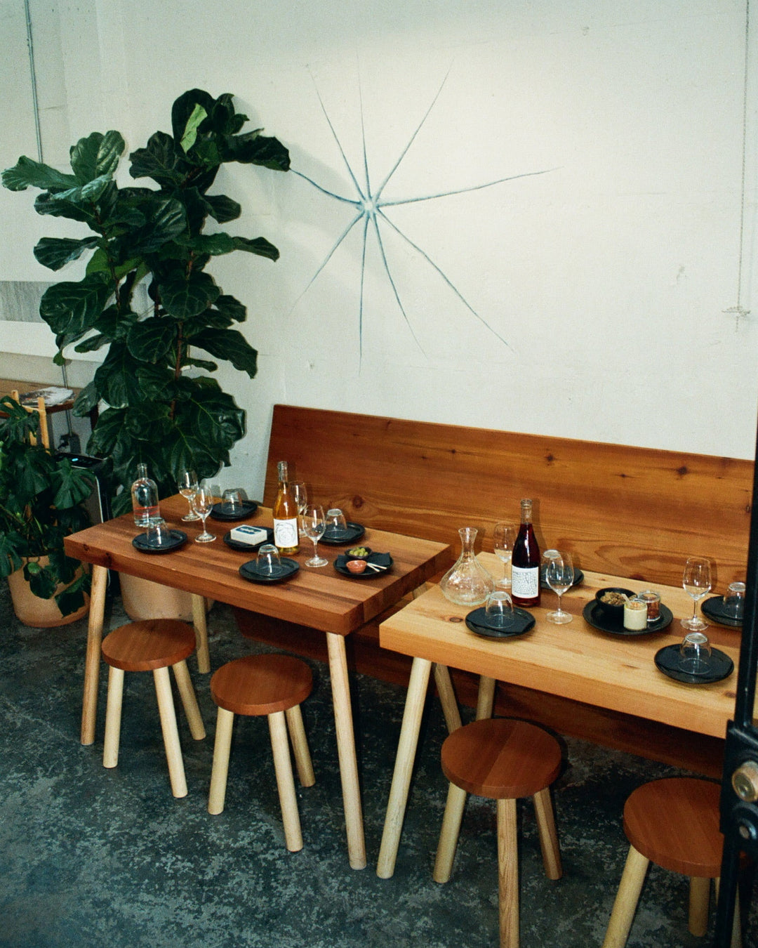 Two wooden tables with matching stools are set for a meal with plates, glasses, and bottles. There is a tall leafy plant in the corner, and a blue abstract crack design on the white wall behind the tables.