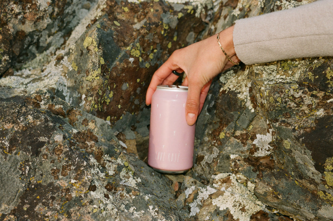 A hand in a beige sleeve and bracelet holds a pink can of Broc Cellars Love Rosé Can Pack amid mossy, lichen-covered rocks.