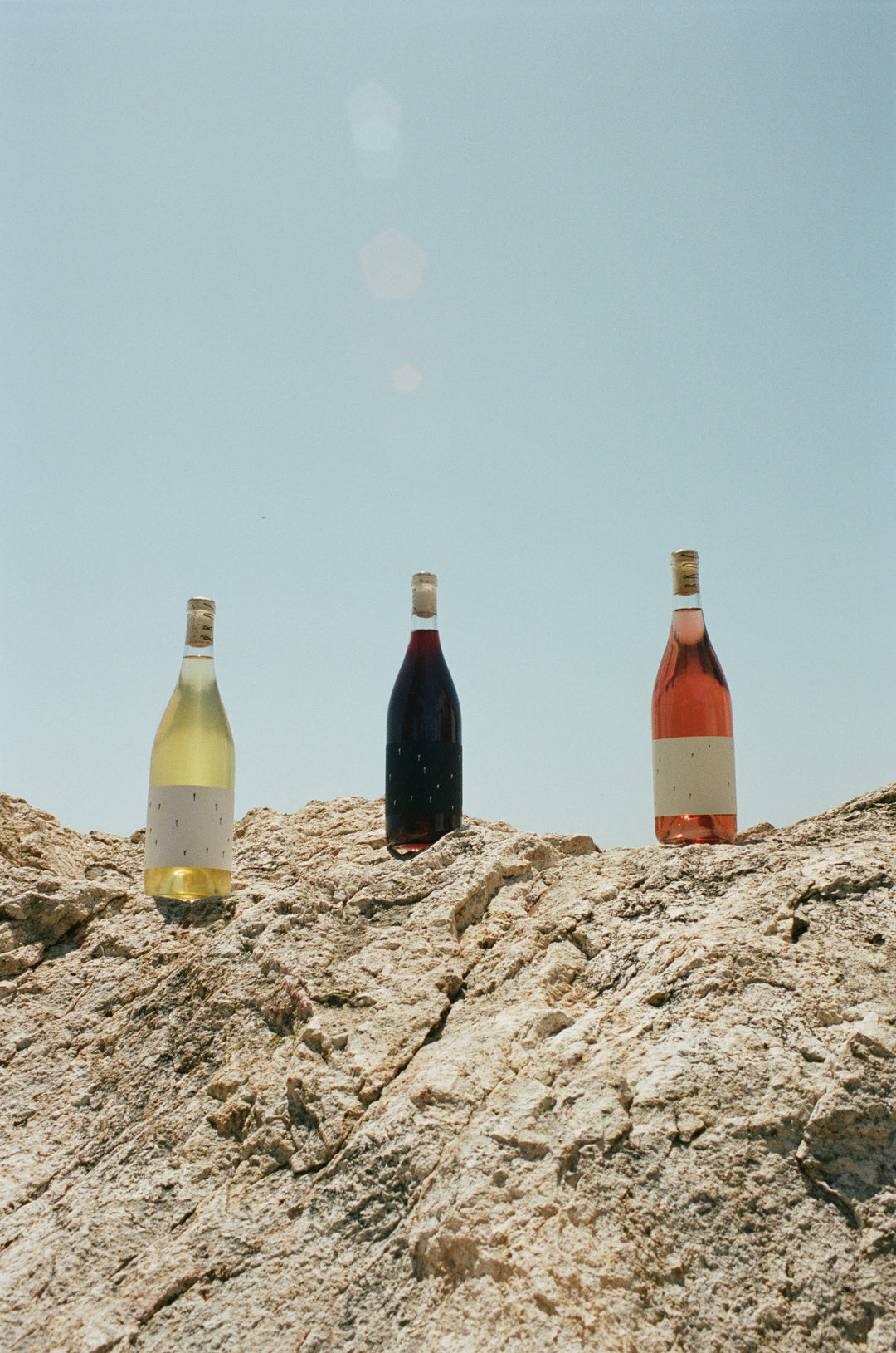 Three Broc Cellars Love Trio wine bottles—a white, a red, and a rosé—are displayed together on rocks beneath a clear blue sky.