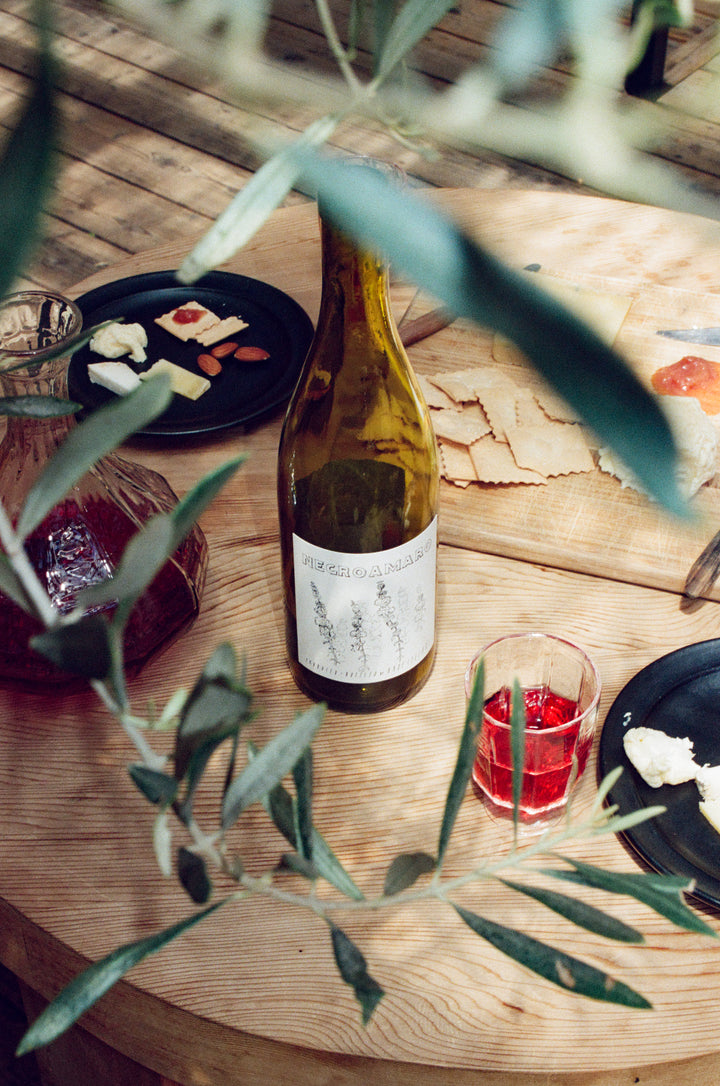 A casual outdoor table features Broc Cellars 2024 Negroamaro, a glass of red wine, a decanter, plates of cheese, crackers, and fruit. A leafy branch partially obscures the view.