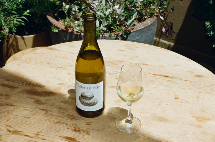 A bottle of 2023 Fox Hill Vermentino by Broc Cellars and a filled glass rest on a wooden table. The label showcases an illustration of a biscuit, while potted plants in the background enhance the rustic Mendocino charm.