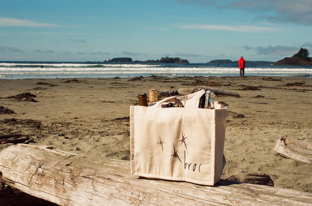 The Broc Cellars Broc Bottle Tote, a beige canvas tote with bottle compartments, sits on driftwood at the beach. The ocean and distant islands are visible, with a person in a red jacket near the shoreline.