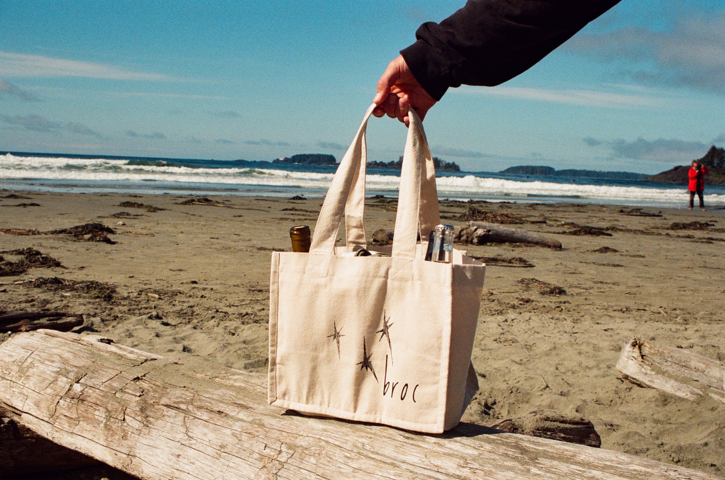 A person holds a beige tote bag filled with items, resting on a driftwood log. The beach is sandy with scattered logs, and the ocean waves are visible in the background. Another person is in the distance near the water.