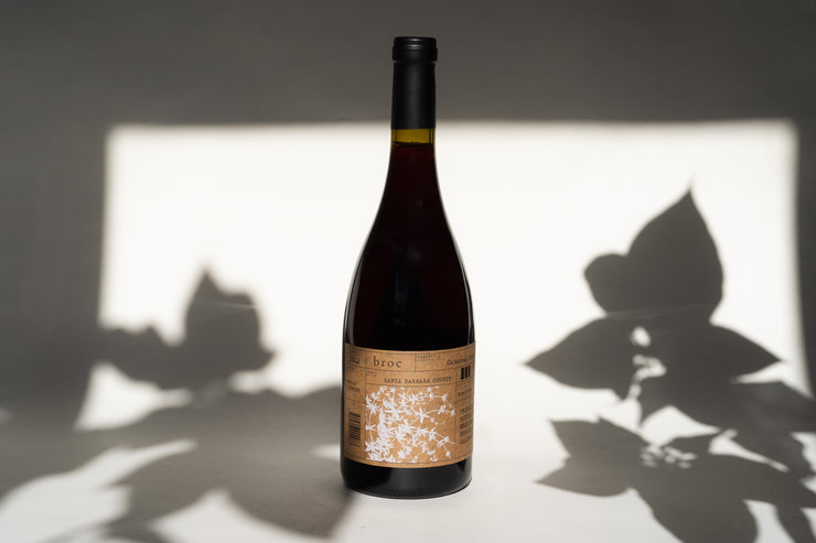 A bottle of Broc Cellars 2012 Cabernet Franc Santa Barbara County with a brown label stands on a light surface. Leaf shadows create a natural pattern in the background, evoking the lush vineyards of Paso Robles.