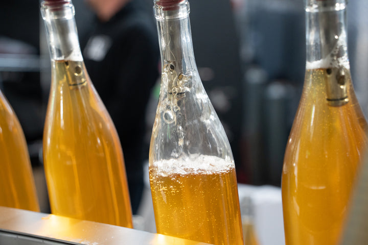 Four clear glass bottles filled with a fizzy, amber-colored liquid from Broc Cellars Notes &amp; Tones V.2- The Album and Wine Set lineup in the bottling process. The bubbling wine hints at effervescence, and tilted bottles suggest movement in this Egon-inspired scene with a mysterious blurry background.