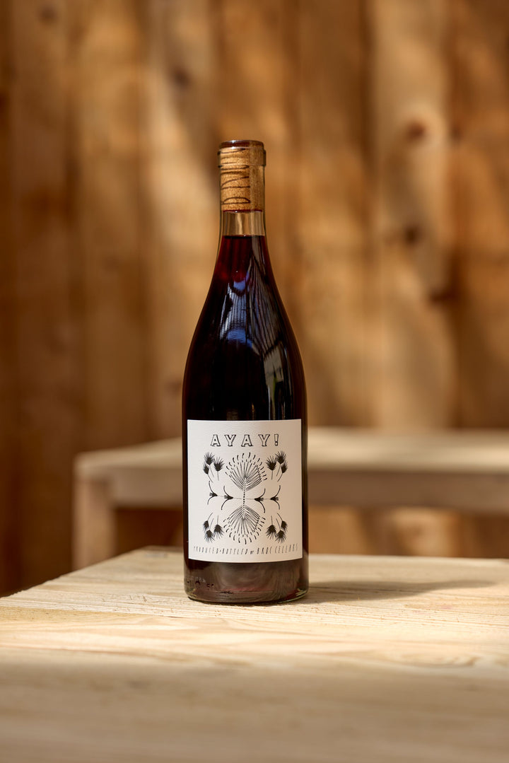 A corked bottle of 2025 Ayay! red wine from Broc Cellars rests on a light wood table. Its label shows thistle-like flowers. Set against vertical wooden planks—this elegant vintage is Coming Soon.