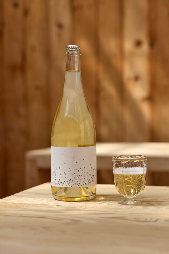 A bottle of Broc Cellars 2025 Love Sparkling Chenin with a minimal white label sits beside a small glass of wine on a light wooden table, set against a wooden wall in the background.
