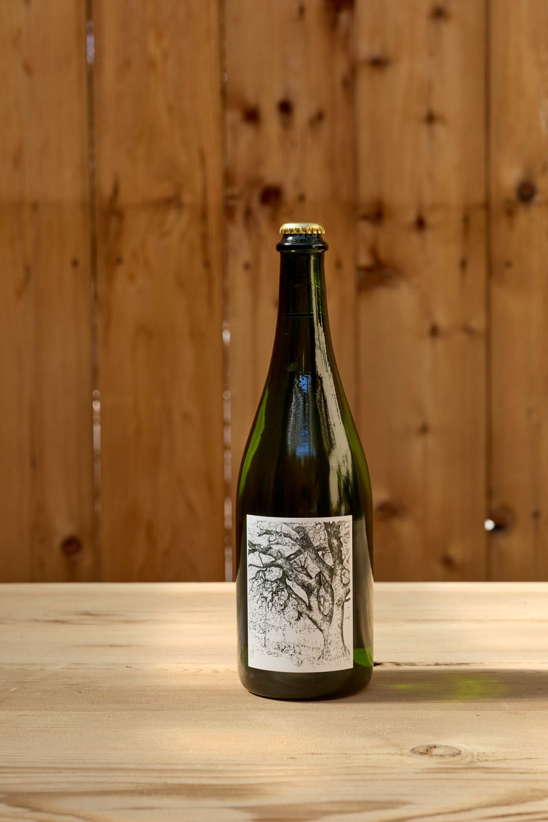 A bottle of Broc Cellars 2025 Sparkling Erbaluce with a crown cap and a label featuring a black-and-white ink drawing of a tree.