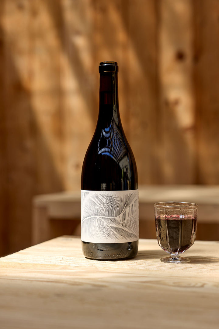 A bottle of 2023 Vine Starr Zinfandel from Broc Cellars, with a white label featuring a feather design, stands on a wooden table beside a small glass of Sonoma wine. Rustic wooden panels provide an out-of-focus background.