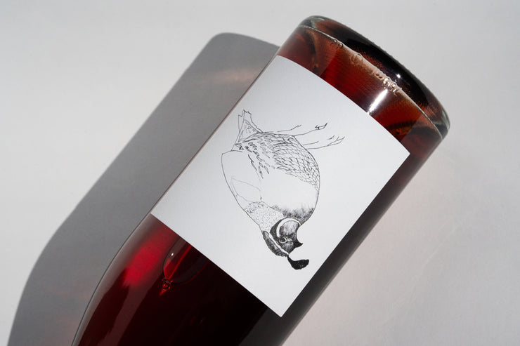 A close-up of Broc Cellars 2023 Grenache Gris wine bottle from Mendocino County lies on its side. The bottle, containing dark red liquid, has a white label with a detailed black bird illustration against a plain, well-lit background.