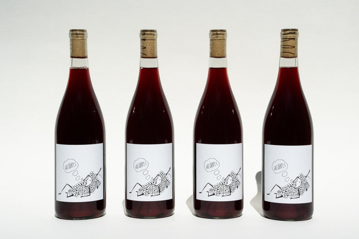 Four Got Grapes bottles from Broc Cellars, featuring cork stoppers and white labels with black line drawings, are arranged against a plain white background. The bottles contain red wine crafted from organically grown grapes.