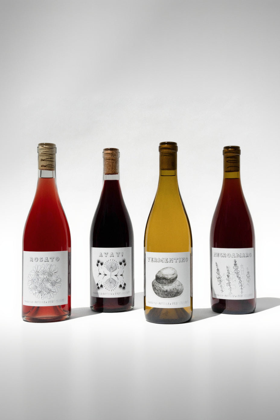 Four bottles of Italian table wines from the Broc Cellars Fox Hill 4-Pack are displayed on a white background, each with a unique label in colors from deep red to light yellow. The labels, marked as CCOF certified organic, include various drawings and text.