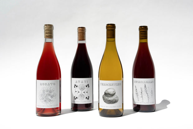 Four bottles of Italian table wines from the Broc Cellars Fox Hill 4-Pack are displayed on a white background, each with a unique label in colors from deep red to light yellow. The labels, marked as CCOF certified organic, include various drawings and text.