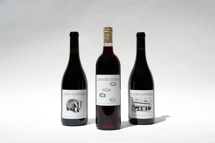 Three Fox Hill Reds wine bottles by Broc Cellars with white labels sit against a plain background. The two outer bottles boast rich Italian reds, while the middle one is lighter. Labels feature text and simple black illustrations: a badger, sandals, and an organic vineyard cart.