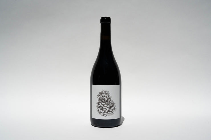 A tall, dark glass wine bottle of 2023 Lagrein Red by Broc Cellars is centered against a plain, light background. Its label displays a monochrome botanical illustration from El Dorado AVA. The bottle casts a shadow on the surface beneath it.