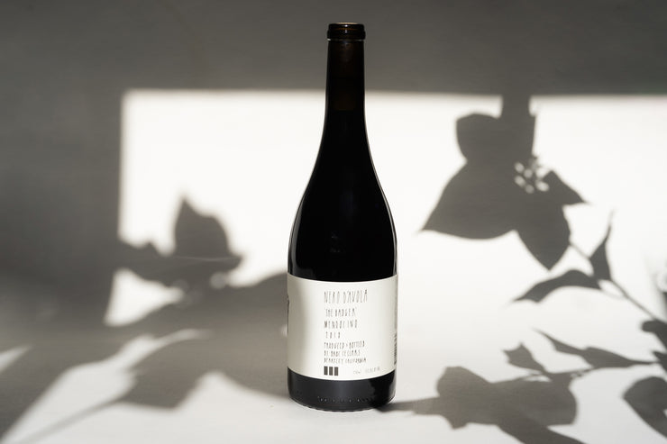 A bottle of 2018 NERO D’ AVOLA by Broc Cellars stands upright amidst plant shadows on a light background. The serene setting highlights the wines elegance, with a white label from Fox Hill Vineyard in Mendocino that has partially legible text.