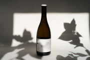 A 2015 Michael Mara Chardonnay from Broc Cellars, with a minimalistic white label featuring a delicate feather design, is set against a white background. Leaf shadows highlight the wine, adding contrast and an artistic touch.