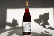 A bottle of 2018 Trousseau from Broc Cellars stands with a cork and a blank hexagonal-patterned label. Set against a light background, leaf shadows elegantly surround it, capturing the tranquil charm of Fanucchi-Wood Road Vineyard.