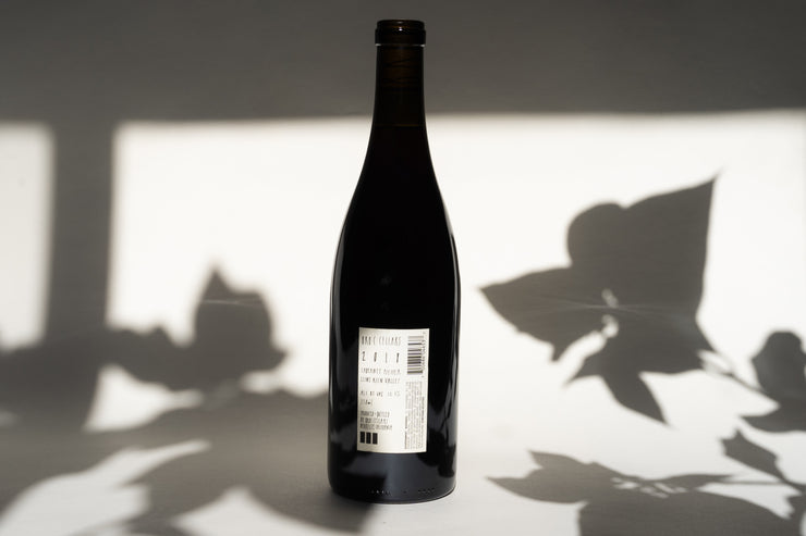 A Broc Cellars 2018 SOGI Cabernet Pfeffer bottle stands upright on a white background, surrounded by leaf-shaped shadows. The label, visible with text and barcode, highlights the Cabernet Pfeffer varietal and the carbonic maceration process.