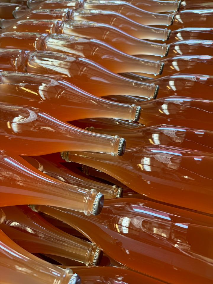 Rows of glass bottles filled with 2025 Sparkling Brachetto from Broc Cellars are stacked horizontally in a close-up view, showcasing shiny surfaces and tightly sealed caps from Mendocino County.