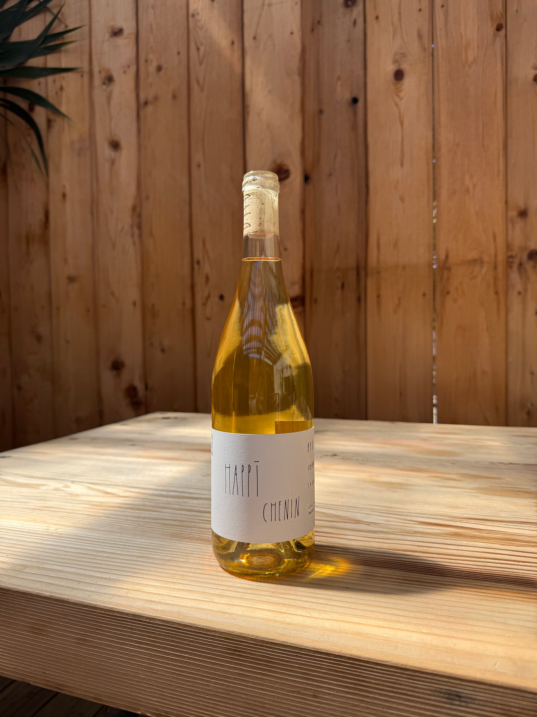 A bottle of Broc Cellars’ 2021 Happī Chenin rests on a wooden table, sunlight streaming in and a wooden fence in the background, evoking the serene charm of Massa Vineyard.