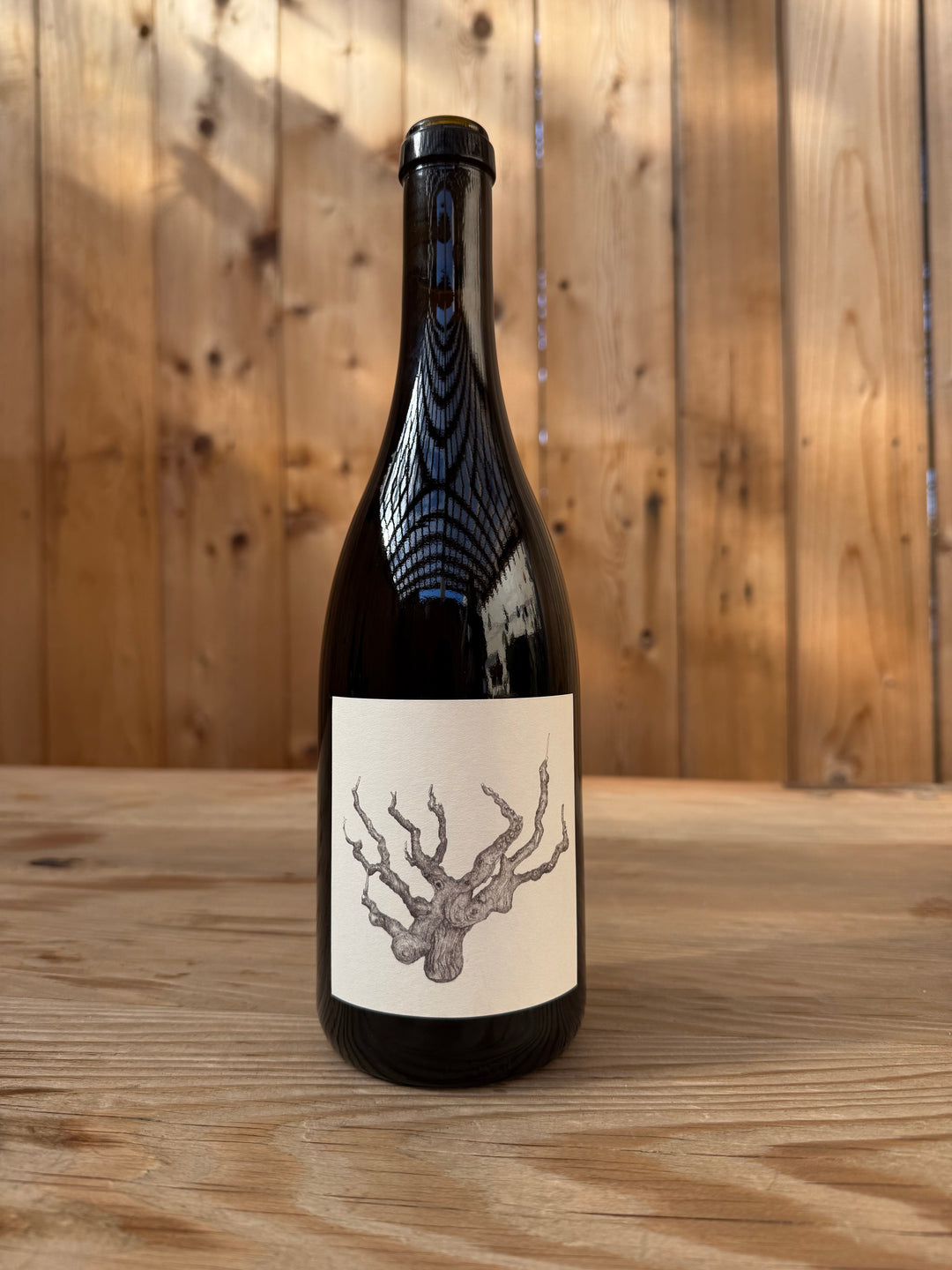 A dark glass bottle of Broc Cellars’ 2018 OLD VINE CARIGNAN, with a blank label adorned by a simple illustration of tree roots, sits on a wooden surface. The backdrop of vertical wooden planks and soft natural light subtly echoes the heritage of ancient vines that shaped this vintage.