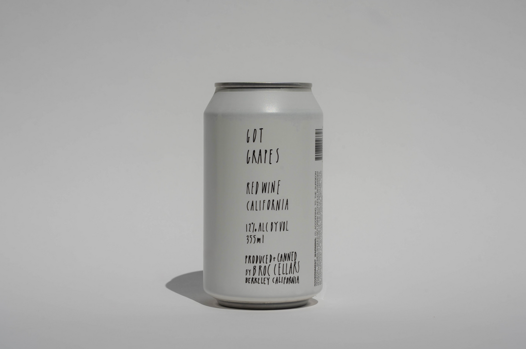 A white 355ml can labeled Got Grapes Red Can Pack by Broc Cellars, featuring a chillable California Grenache blend (12% ABV), produced and canned in Berkeley, CA, is shown against a plain background.