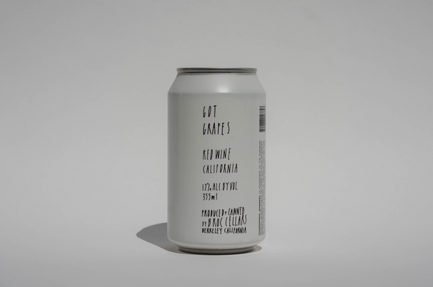 A white can with minimalist black text reading Got Grapes Red Can, Broc Cellars, Red Wine, California, 12% Alc/Vol, 355mL—coming soon on a light gray background.