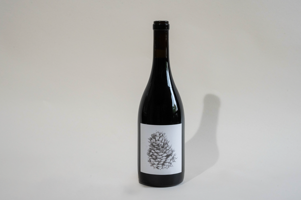 A dark glass bottle of Broc Cellars 2024 Lagrein Red with a black cap stands on a plain, off-white background. The white label displays an intricate black illustration similar to a pinecone or cluster of leaves. Tech Sheet coming soon.