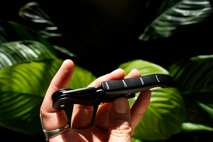 A hand holds the Broc Cellars Black Wine Key with a textured matte black handle featuring three parallel grooves, set against a backdrop of large green leaves for striking contrast.