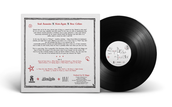 The image features the vinyl record Notes &amp; Tones V.1 - The Album by Broc Cellars, partially out of its sleeve. The black grooves shine, adorned with logos and symbols, channeling the eclectic essence inspired by DJ Muggs and Sun Ras influence.