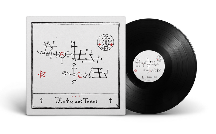 The Notes &amp; Tones V.1 - The Album by Broc Cellars features a vinyl cover with black and red abstract geometric designs on white, inspired by Sun Ras cosmic jazz. It reads Notes and Tones at the bottom, echoing rhythms as smooth as fine wine.